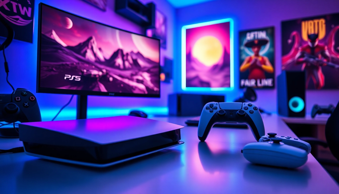 PS5 setup na nowoczesnym biurku z gamingowym monitorem i akcesoriami.