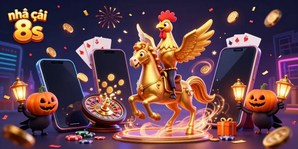 Engage with Nhà cái 8s in a vibrant casino scene featuring colorful slot games and festive characters.