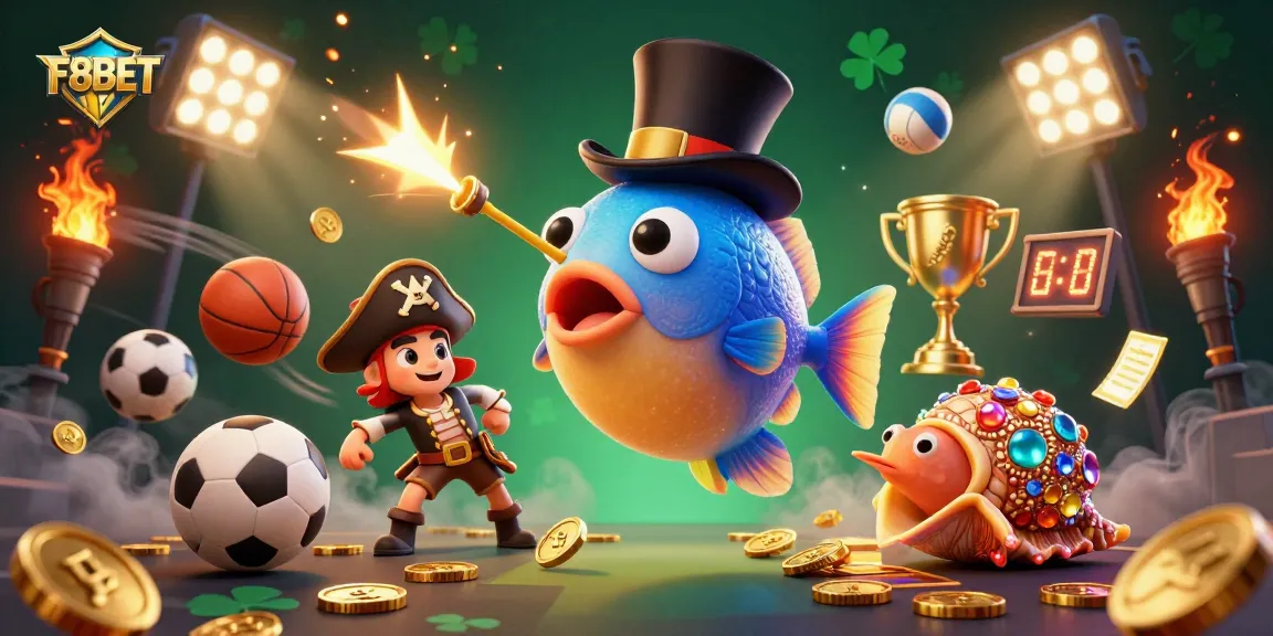 Bet with F8BET as a 3D anglerfish attracts golden coins among vibrant sports elements.