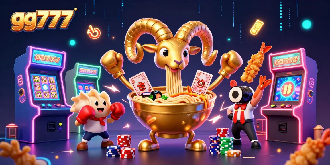 gg777 features a giant ramen bowl character surrounded by vibrant casino elements for endless fun.