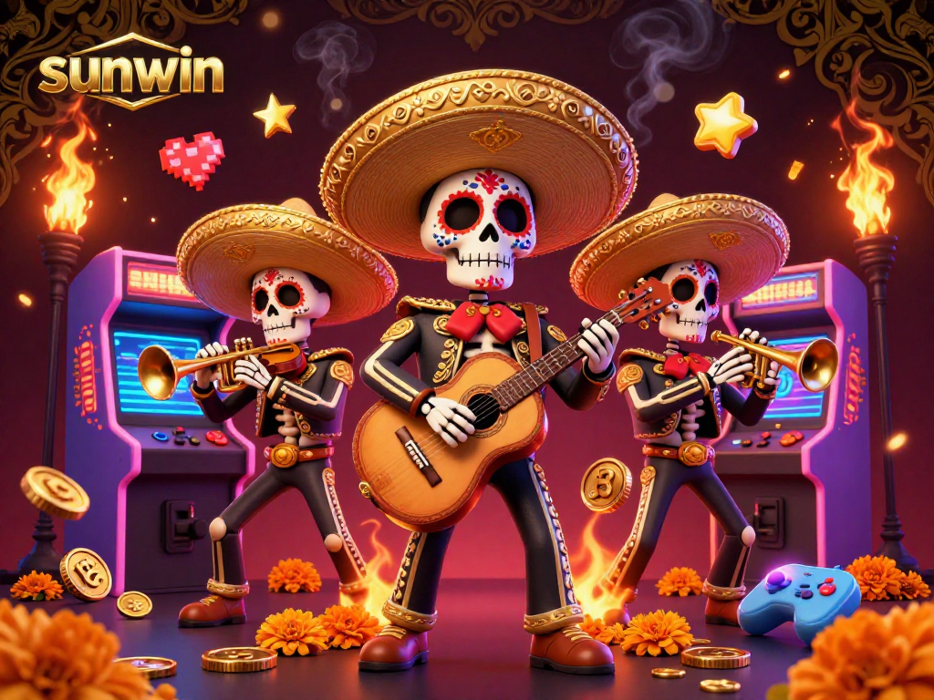 Experience the excitement of sunwin with mariachi skeletons amidst glowing casino arcade games.