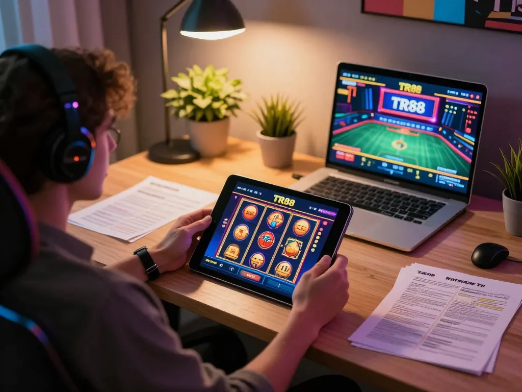 Engaged player using TR88 casino app on tablet at home, analyzing betting notes.