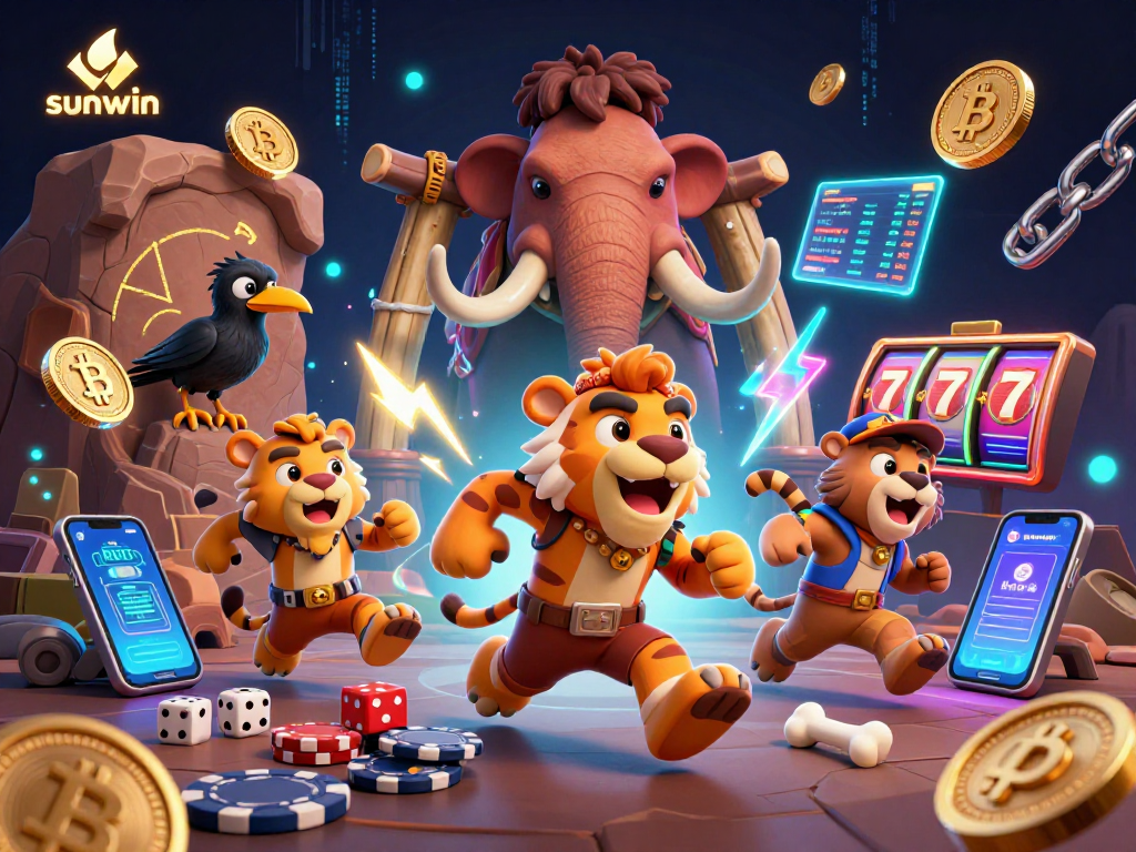 Engage in thrilling gameplay at sunwin with an exciting prehistoric casino scene featuring animated characters.