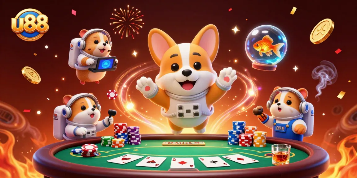 u88 offers a thrilling casino experience with a floating astronaut corgi amidst poker chips and excitement.