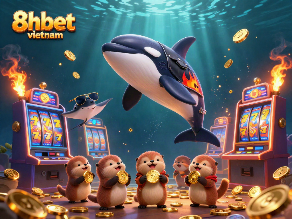 Play slots with 8xbet vietnam featuring vibrant characters and classic casino elements in a stunning illustration.