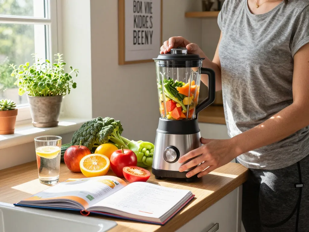 Żywa scena kuchenne z osobą przygotowującą zdrowy smoothie, prezentująca wellness Lavavitae.