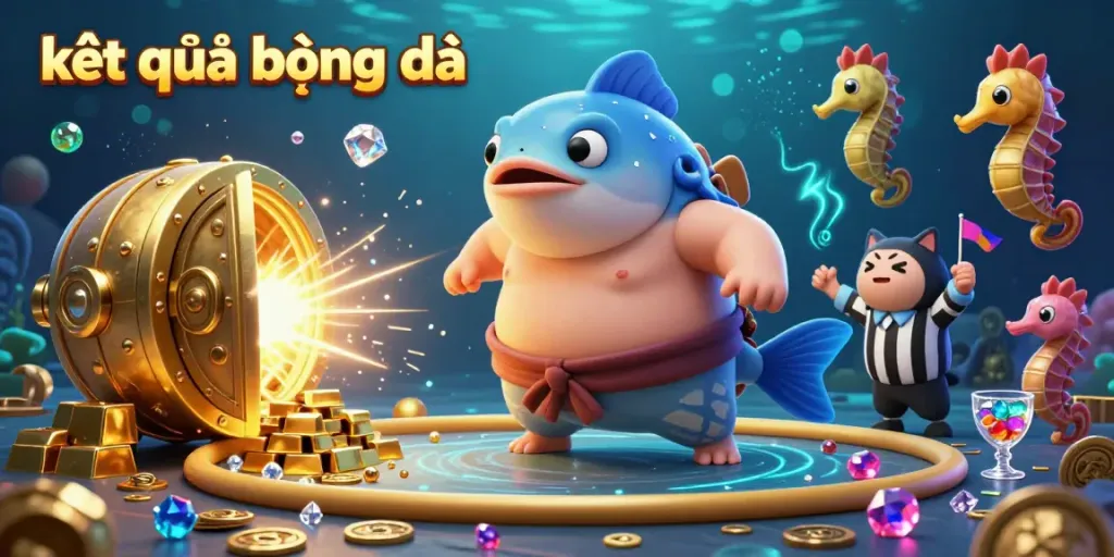 Experience thrilling kết quả bóng đá action with a vibrant fugu referee and seahorse fans celebrating underwater.
