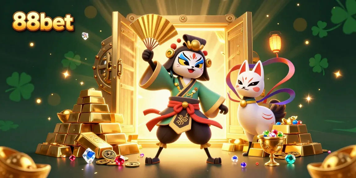 Experience excitement at 88bet with a colorful 3D casino illustration depicting vibrant characters and treasure.