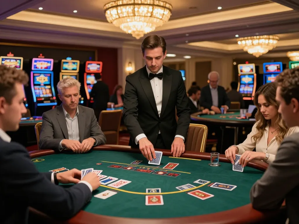 Engaged players at CM88 blackjack table making strategic moves under warm casino lighting