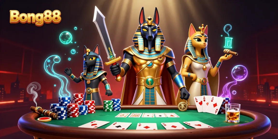 Bong88 showcases thrilling gambling with an Egyptian warrior and Bastet in action-packed poker adventure.