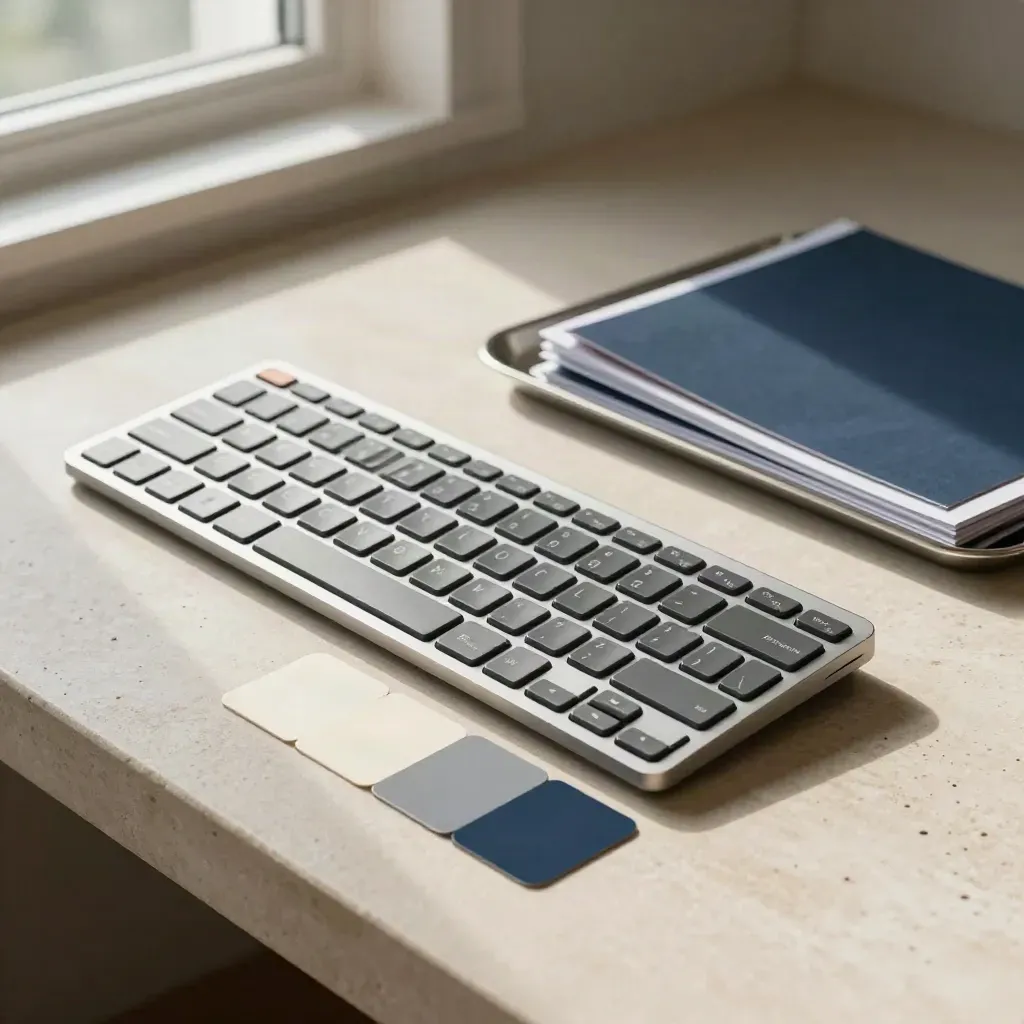 Zestaw do audytu WCAG: klawiatura, pasek Braille’a, próbki kontrastu i zamknięty folder.
