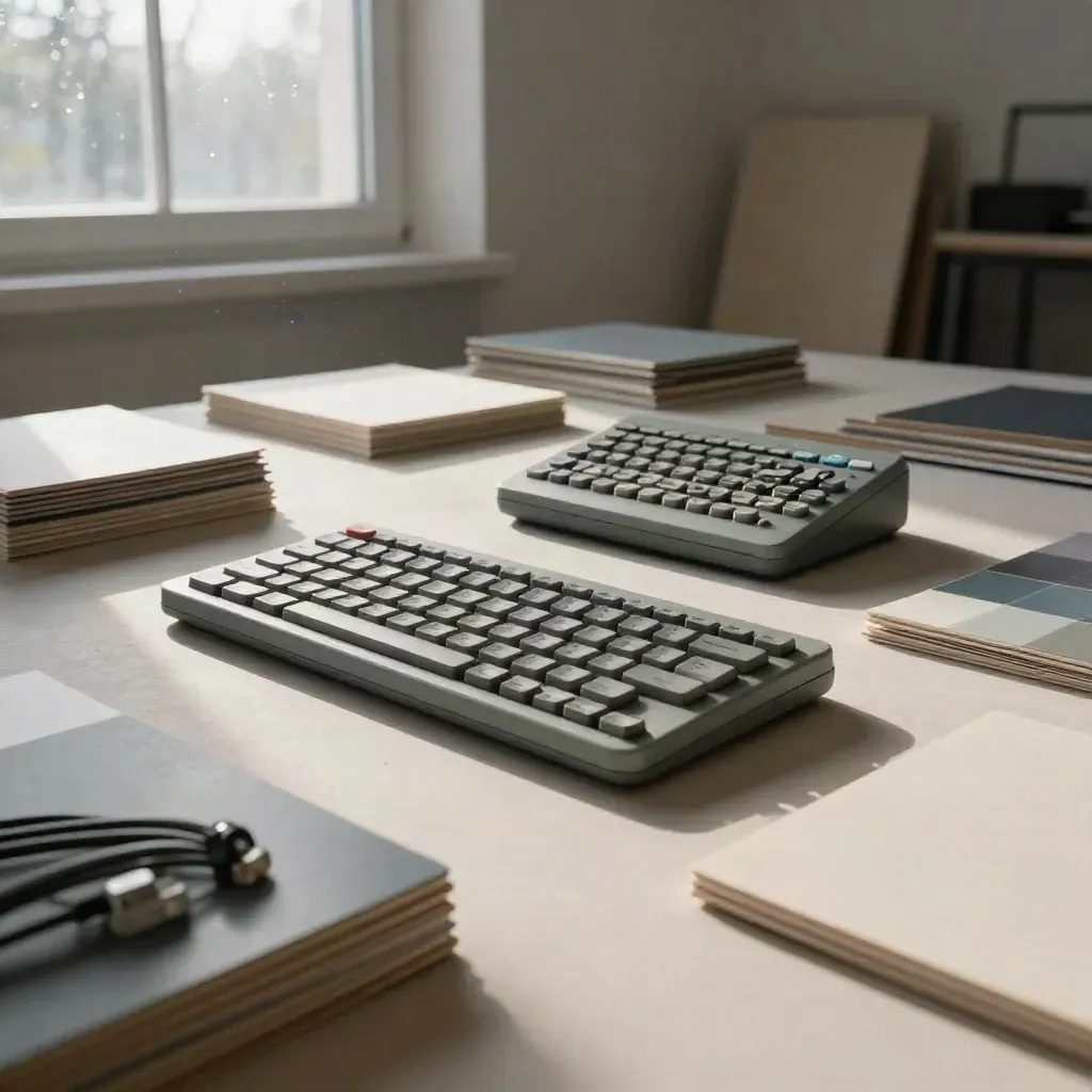 Zestaw do audytu dostępności: klawiatura dotykowa, czytnik braille’a i próbki interfejsu w studio.