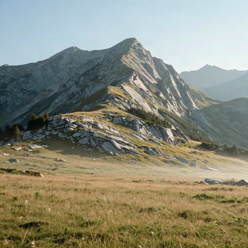 Tatry o świcie nad wapienną halą, z lekką mgłą i błękitnym niebem.