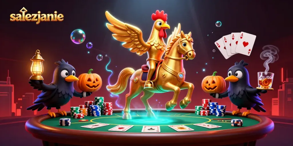 Salezjanie przy stole pokerowym, z dynamicznymi elementami kasyna.