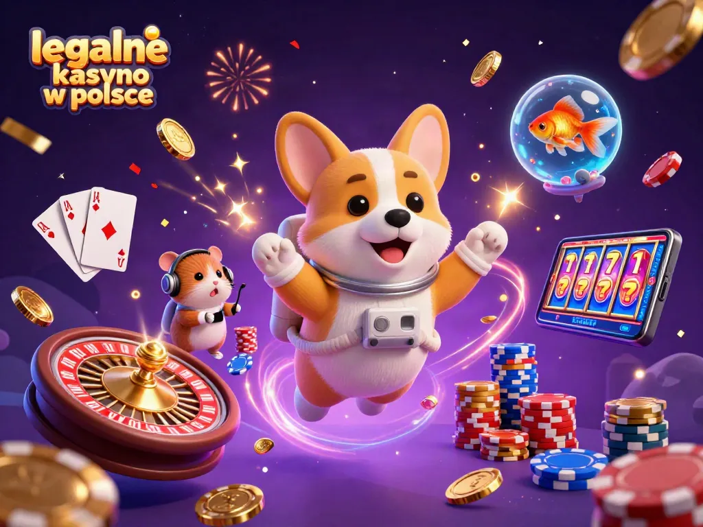 Experience gaming excitement at legalne kasyno w polsce with a playful astronaut corgi in a vibrant casino scene.