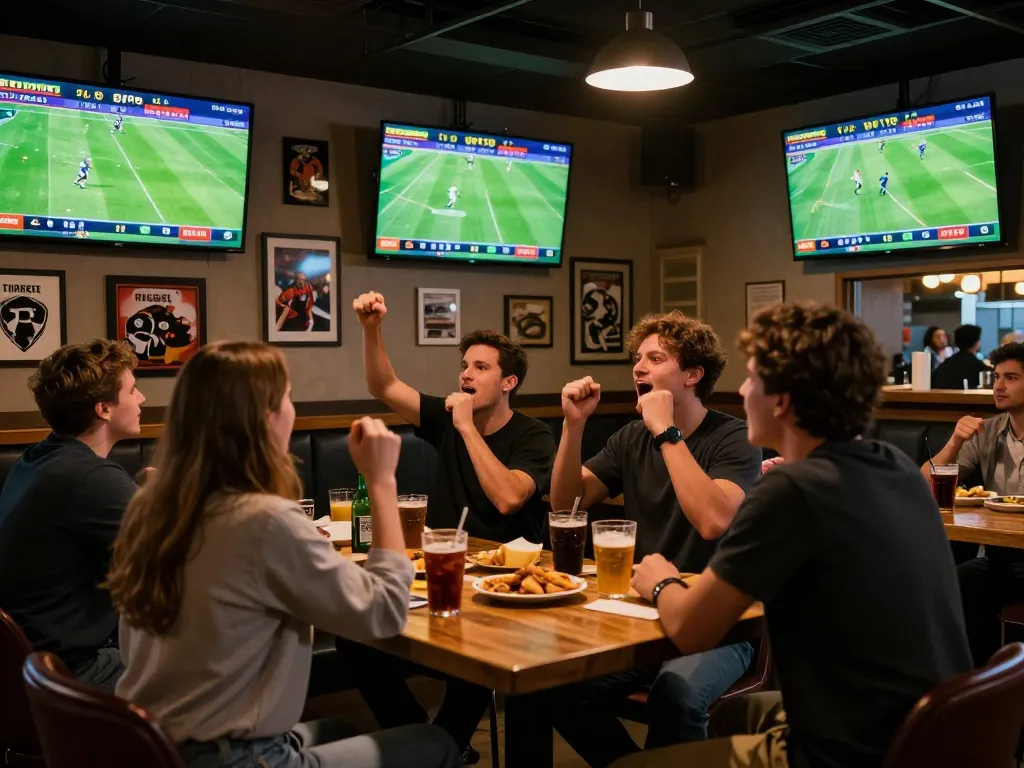 Tỷ lệ kèo trực tuyến displayed at a lively sports bar with fans engaged in football betting.