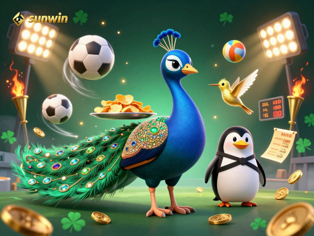 sunwin showcases a vibrant casino scene with a peacock, penguin, and hummingbird in action.