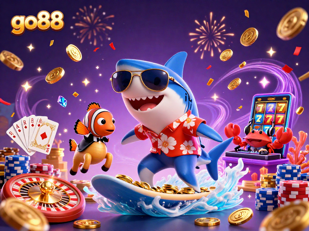 Experience go88 thrills with a vibrant shark surfing on gold coins, vibrant gems, and classic casino games!