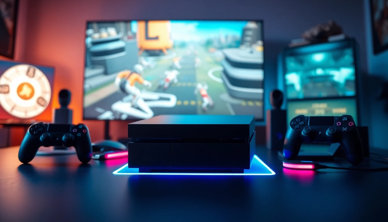 PlayStation w eleganckim zestawie do gier z kolorowymi kontrolerami i VR.