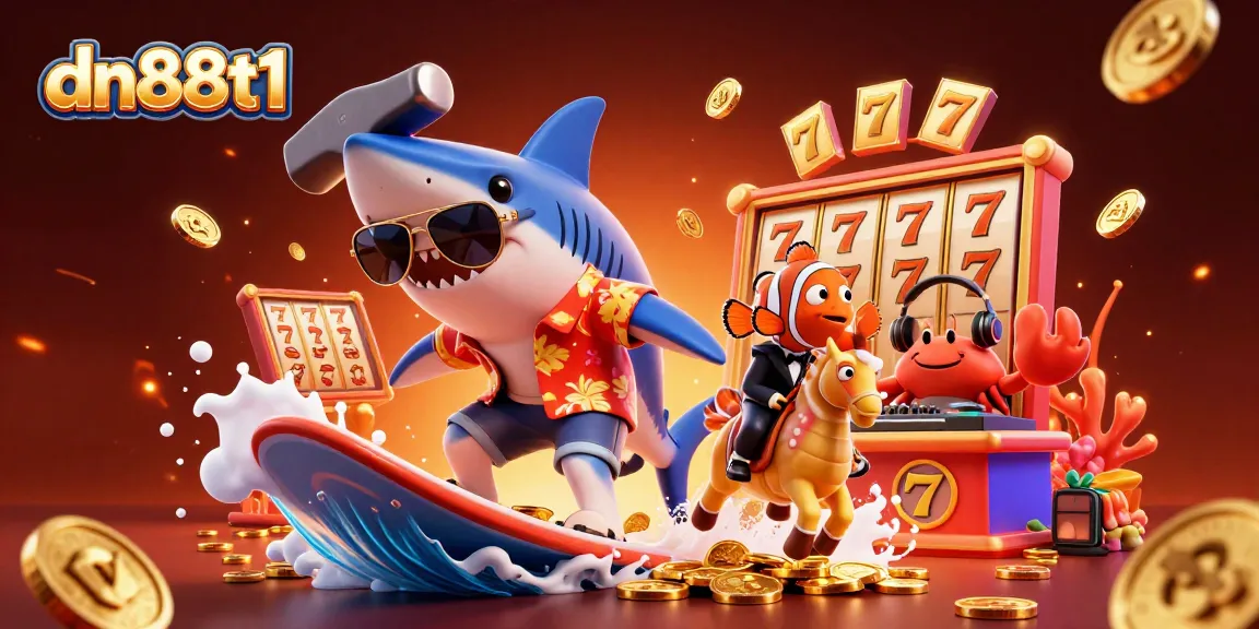 Experience thrilling gaming at dn88t1 with a shark surfing gold coins and vibrant casino elements.
