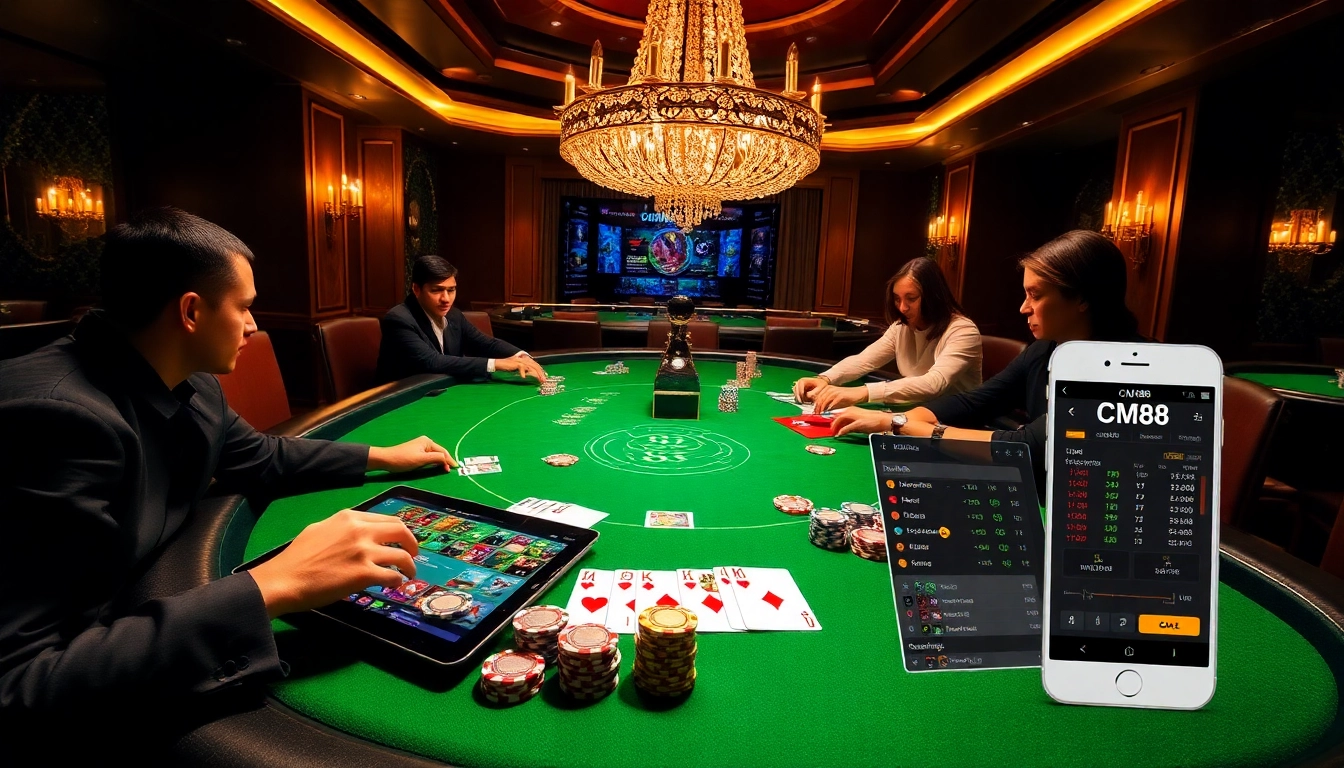 Players enjoy a thrilling poker game at a high-stakes table, showcasing CM88's betting interface.