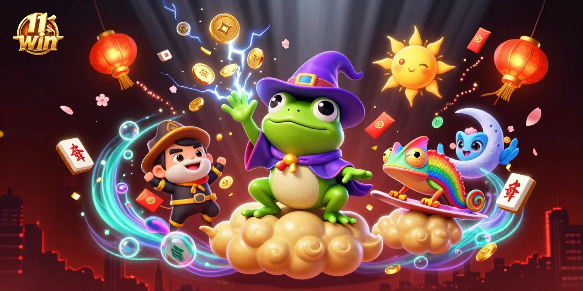 Spin and win with 11 win's dynamic casino elements in a vibrant illustrated scene.