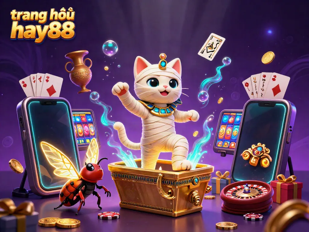 Experience the excitement of trang chủ hay88 with an Egyptian mummy cat and glowing scarab in a casino.