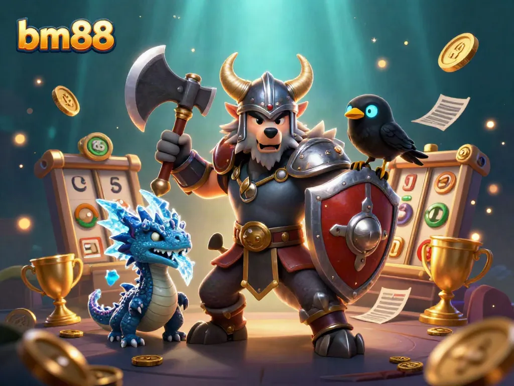 Experience thrilling slots with bm88, where a Viking warrior and dragon capture the excitement of jackpot wins!