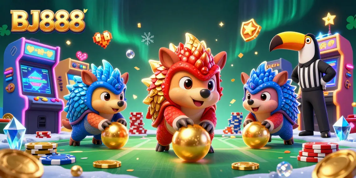 Experience the thrills of BJ888 with dynamic pangolins rolling golden balls and poker chips in a vibrant scene.