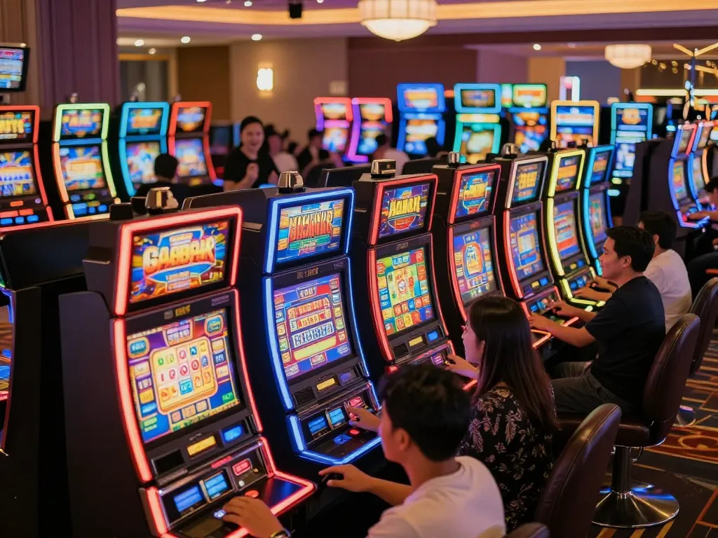 Players enjoying the excitement of slot gacor machines lighting up a lively casino floor.