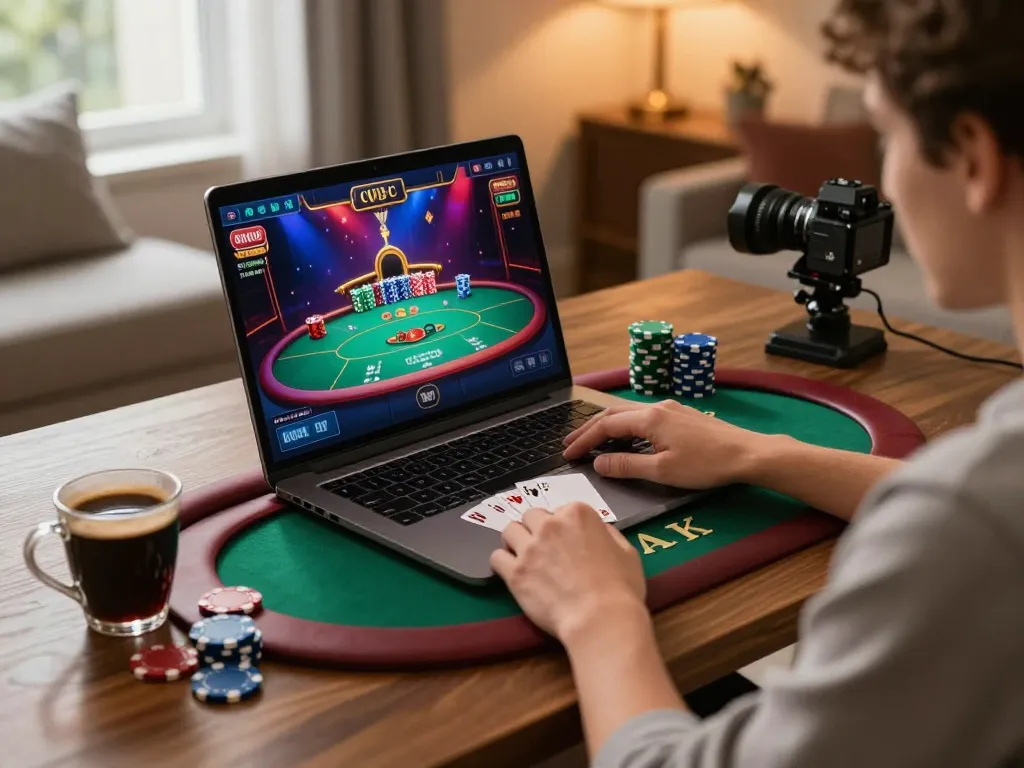 Play poker with nhà cái QQ88 in a stylish home gaming setup, showcasing strategic online gambling.