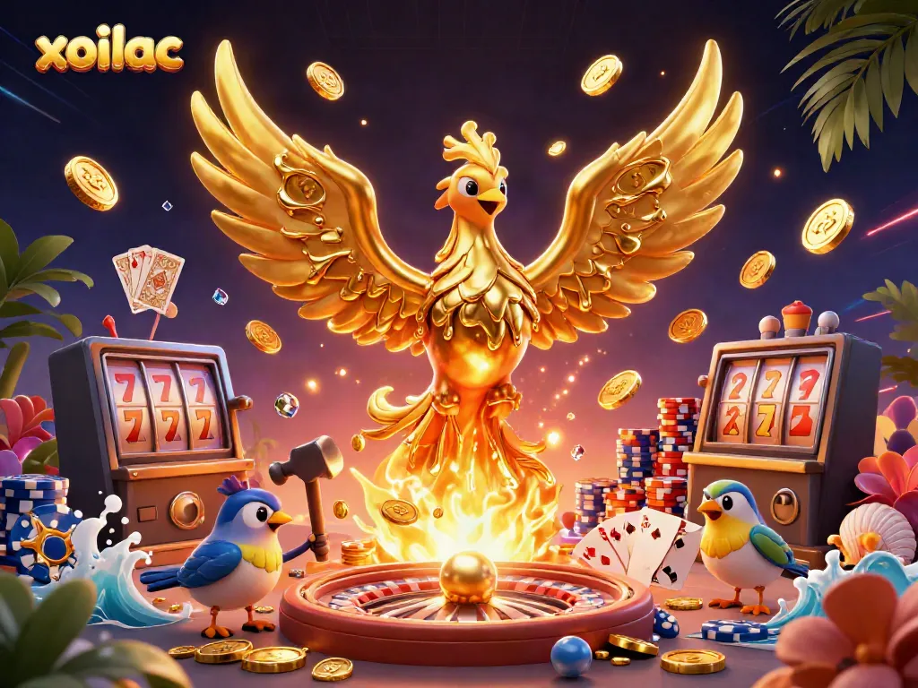 Win big on xoilac with stunning 3D illustration featuring a molten golden phoenix and vibrant casino elements.
