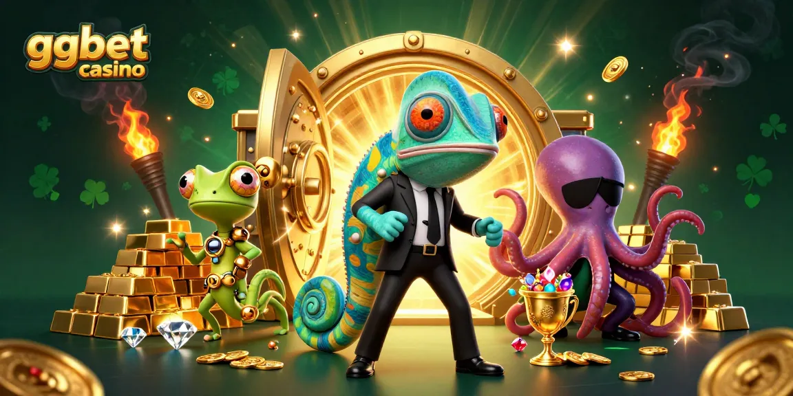 Gra w ggbet casino z chameleonem, gecko i ośmiornicą w otoczeniu skarbców i złotych monet