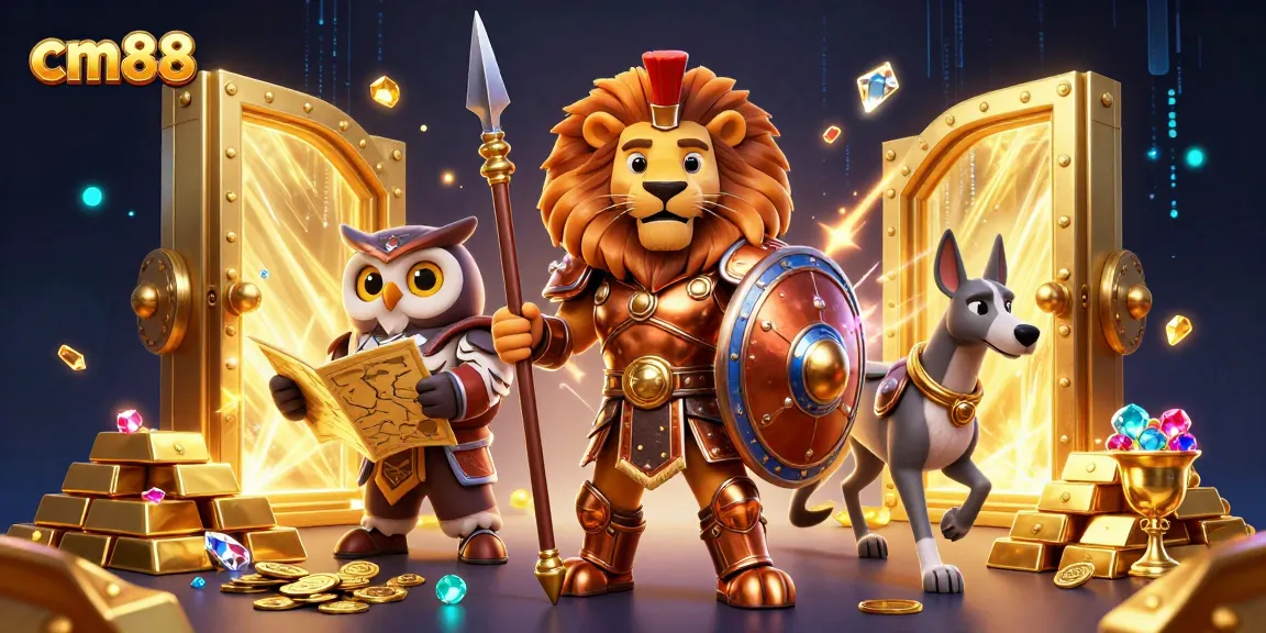Experience thrilling adventures at cm88 with a lively scene featuring casino treasures and heroic characters.