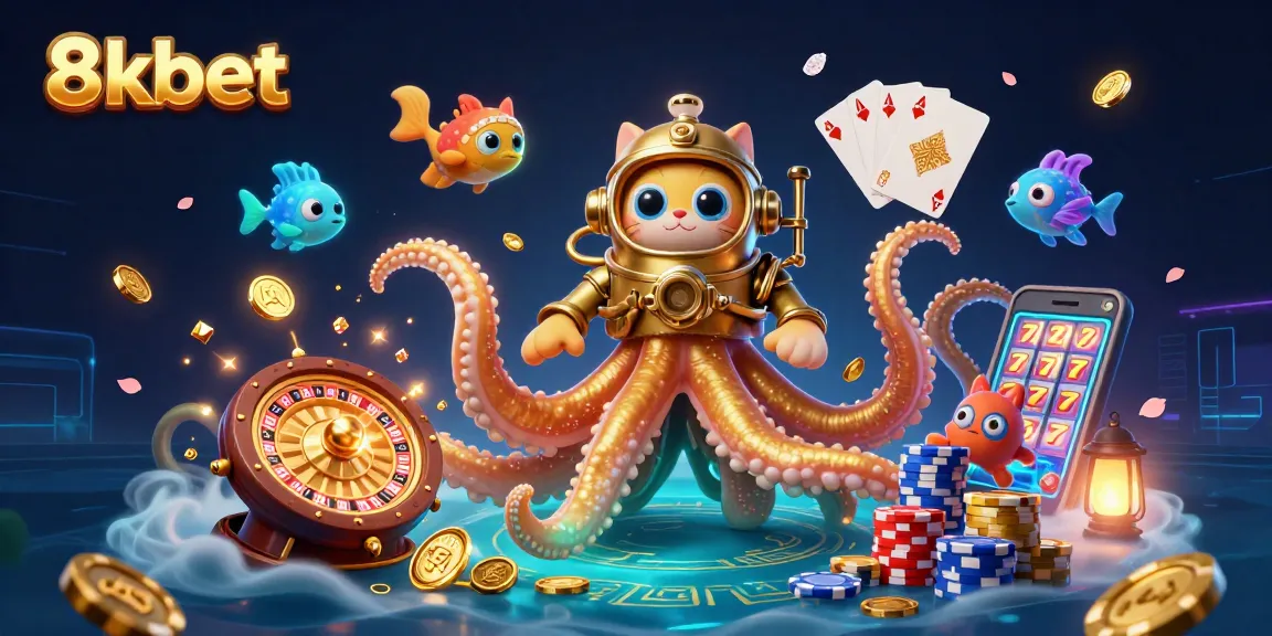 Join the adventure with 8kbet as the kraken and diving cat uncover treasures in a vibrant casino realm.
