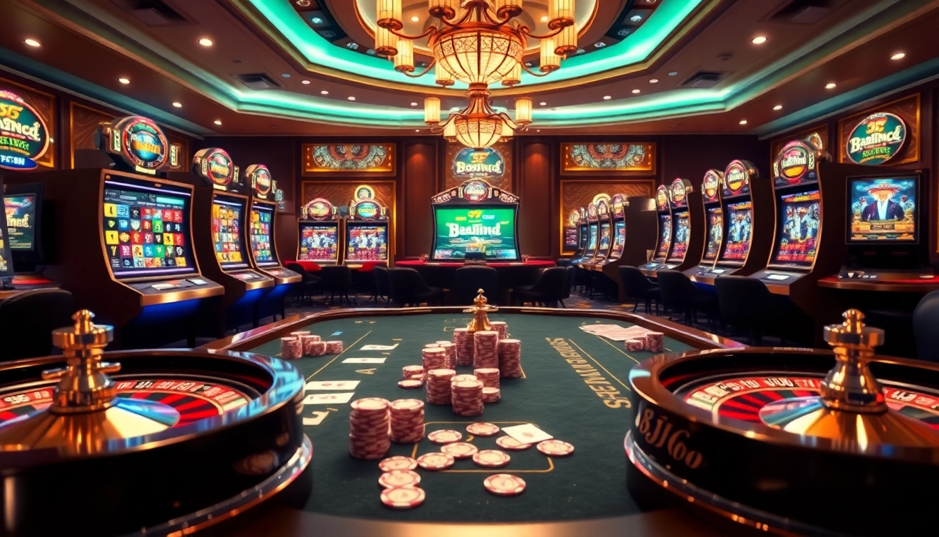 Engage with gambling at nhà cái bj66's sleek poker table amidst vibrant slot machines.