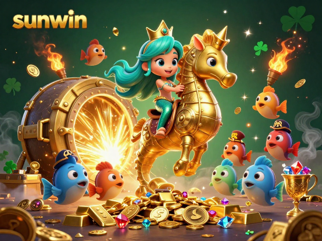 Experience the magical sunwin gaming world with a mermaid princess and seahorse, adorned with treasures.