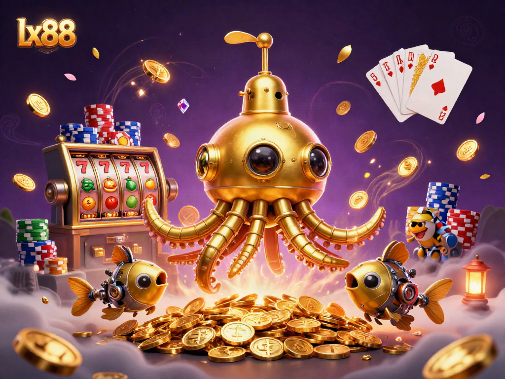 Experience the thrill of lx88 as the golden kraken submarine emerges amidst cascading coins and vibrant slot machine reels.