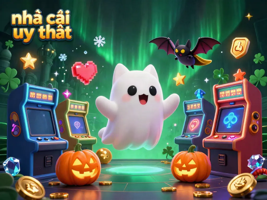 Engage with nhà cái uy tín in a vibrant casino scene featuring a friendly ghost cat and vampire bat.