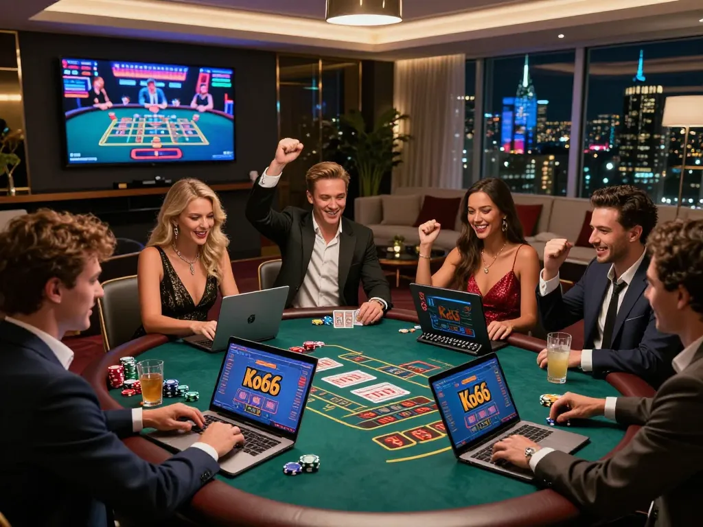 A diverse group enjoying a thrilling gaming experience at https://ko66a.uk.com/ with stylish laptops and casino games in a luxurious setting.