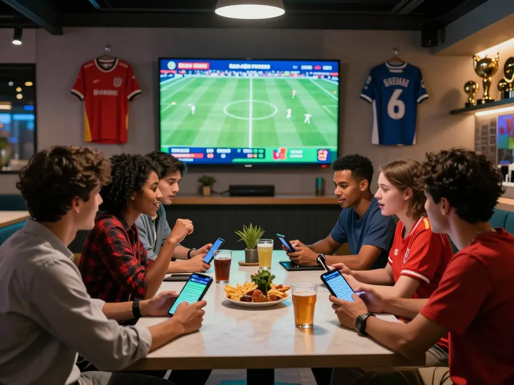 Group of friends enjoying a vibrant sports betting experience with kèo nhà cái odds updates on screens.
