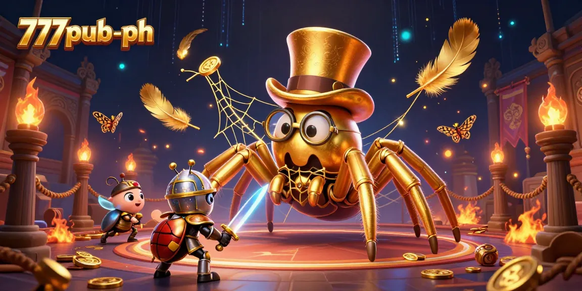 Experience vibrant gameplay at 777pub-ph with a golden tarantula and beetle knight in a dynamic casino scene.