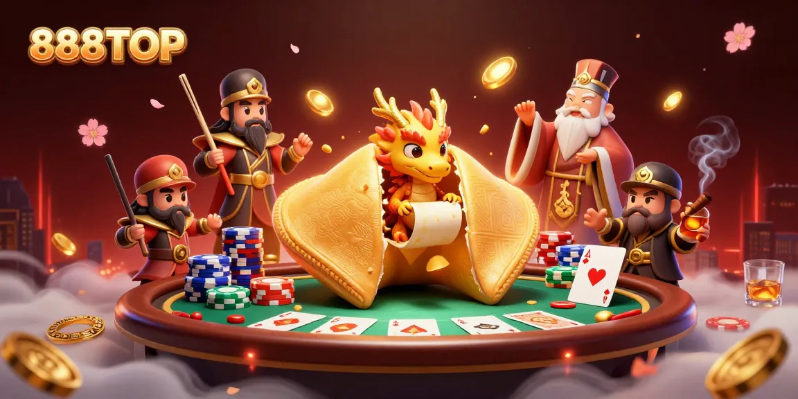 Engage with thrilling casino games at 888TOP, showcasing golden fortune cookie magic and poker excitement.