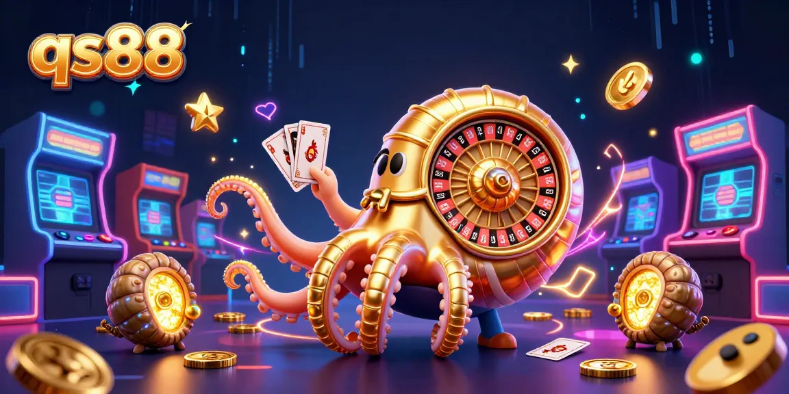 Experience thrilling games at qs88 with a giant nautilus roulette and glowing companions in a casino arcade atmosphere.