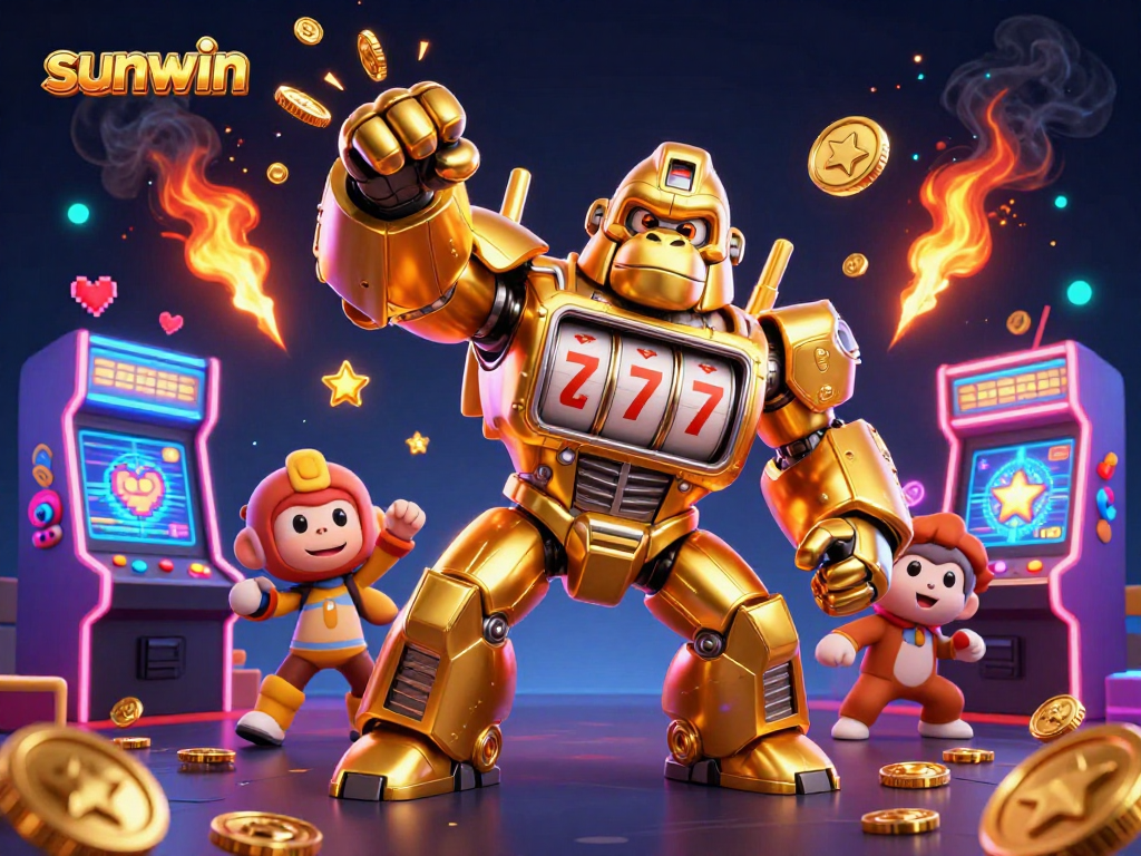 Experience the excitement of sunwin with a dynamic golden gorilla mech bursting with coins.