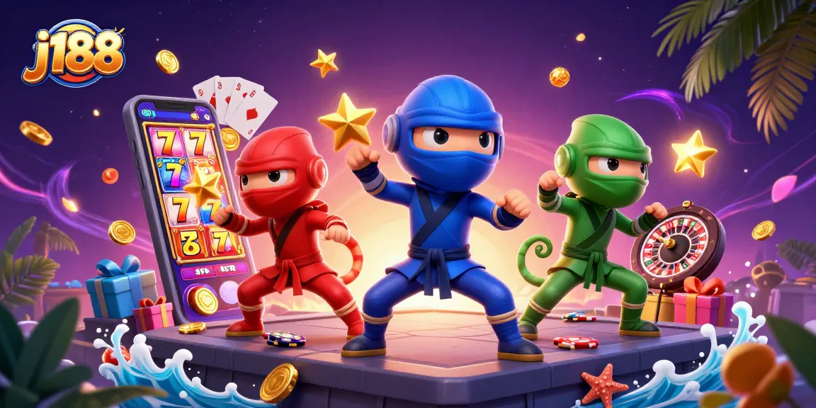 Engage in thrilling j188 gaming with 3D chameleon ninjas showcasing vibrant casino elements.