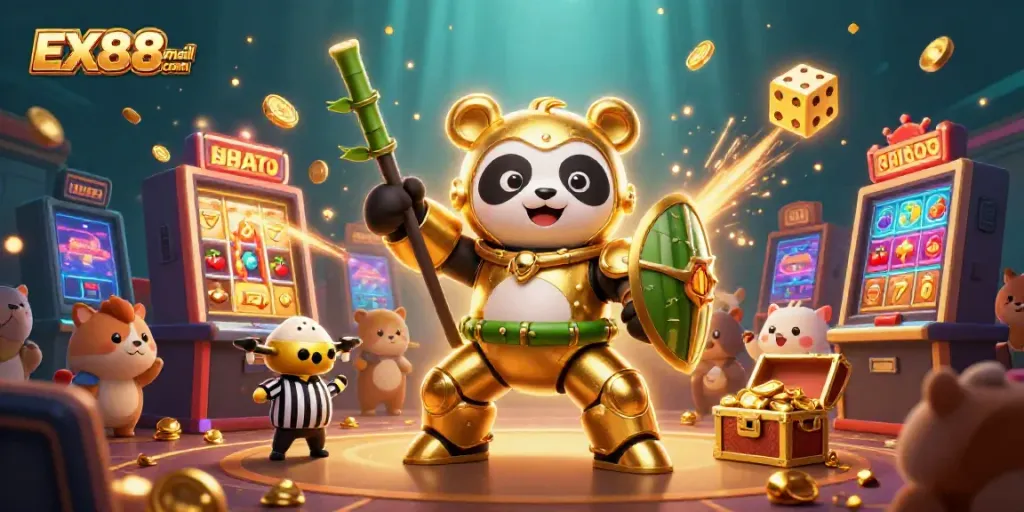 Experience jackpot thrills with EX88email com's vibrant 3D casino-themed illustration showcasing dynamic action and winning excitement.