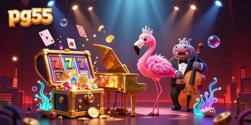 Experience the exciting world of pg55 with a vibrant casino scene featuring a flamingo singer and hippo bassist.