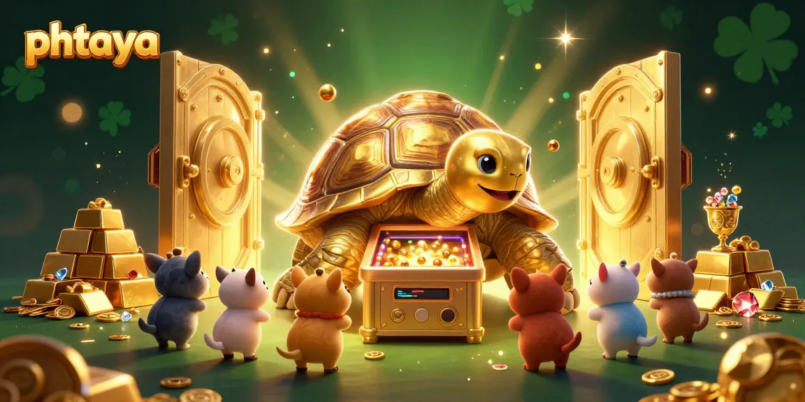 PHTAYA's colossal golden tortoise offers vibrant gaming experiences and treasures in this 3D illustration.