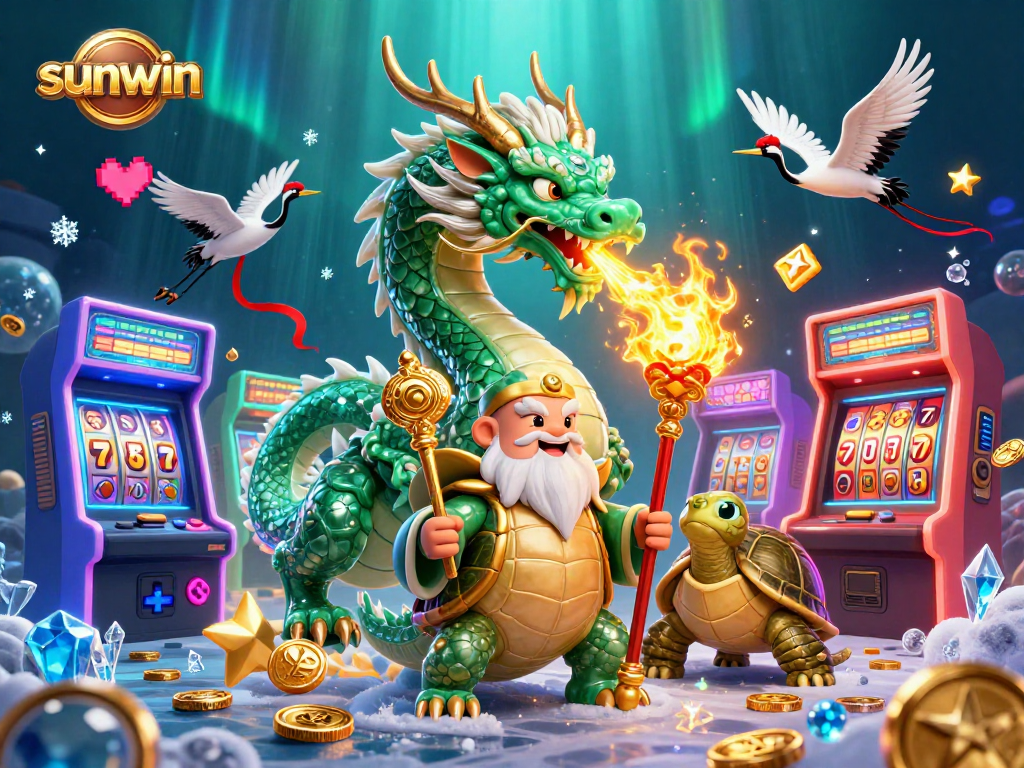 Experience thrilling gaming with sunwin's jade dragon and lucky cranes in an action-packed casino scene.